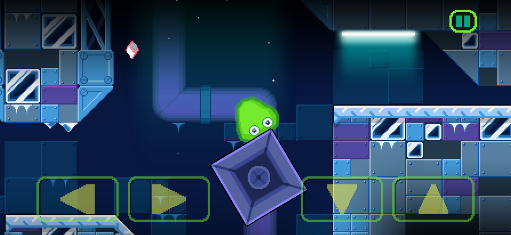 Slime Labs 3 - A green slime blob navigating a frozen pixel art laboratory level in Slime Labs 3.