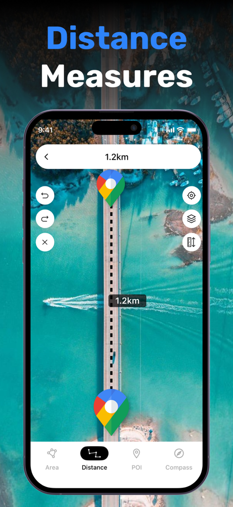 GPS Field Area Measurement - 衛星地図上で1.2キロメートルの距離を測定しているGPSフィールド面積測定アプリが表示されたスマートフォン