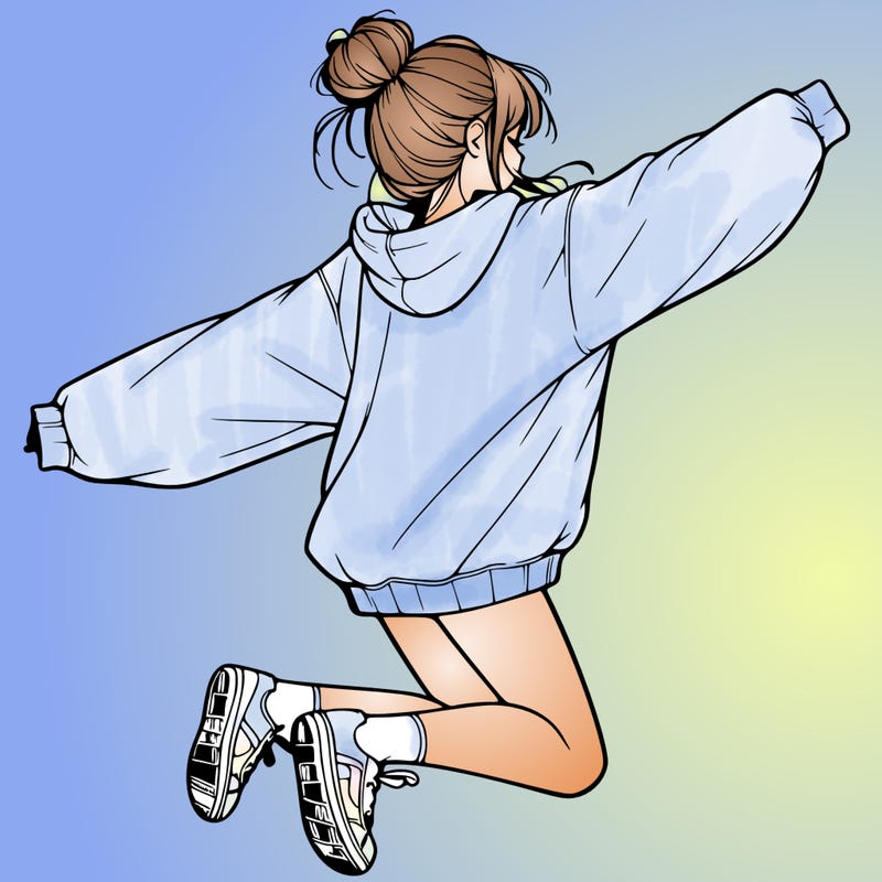 realistic girl jumping with a bun and oversized sweatshirt