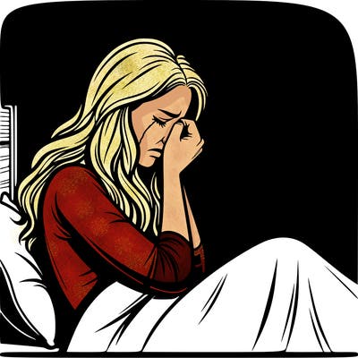 realistic woman crying in her bed in a dark room