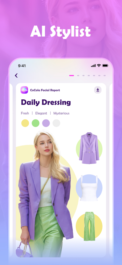 CoCola: AI generation tools - CoCola app AI Stylist screen showing a daily dressing facial report with a woman wearing a purple blazer and green pants alongside individual clothing item suggestions.