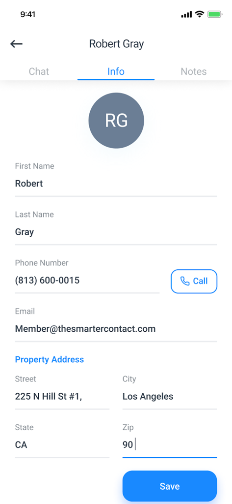 Smarter Contact - Contact information screen in the Smarter Contact app showing lead details and property address