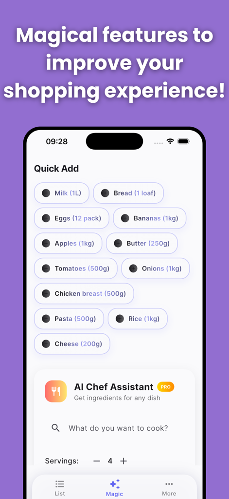 Grocery List Smart Cart app interface showing quick add buttons and AI chef assistant