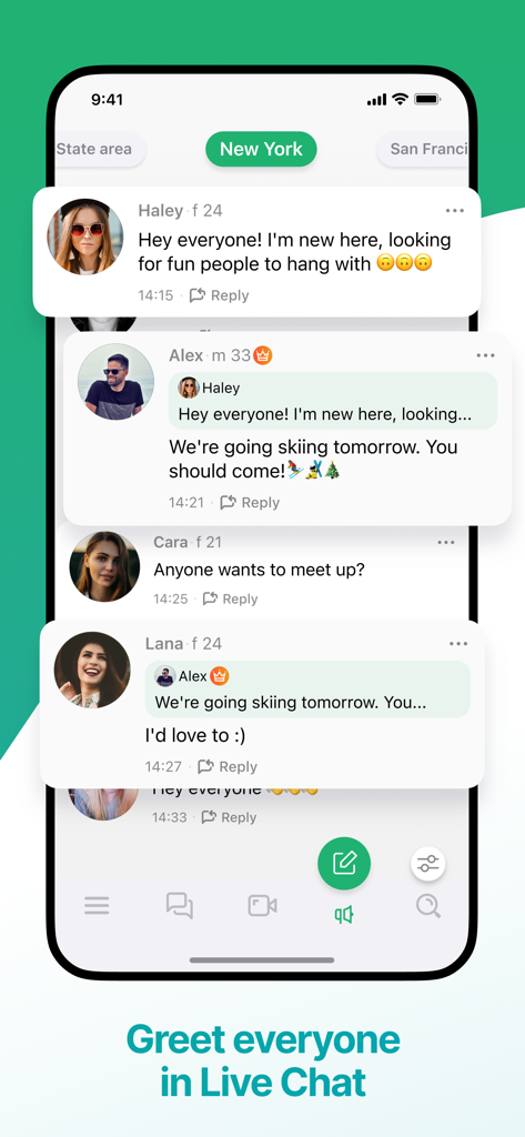 Frim: meet new people - Screenshot of the Frim app live chat interface showing users in New York posting messages to meet up