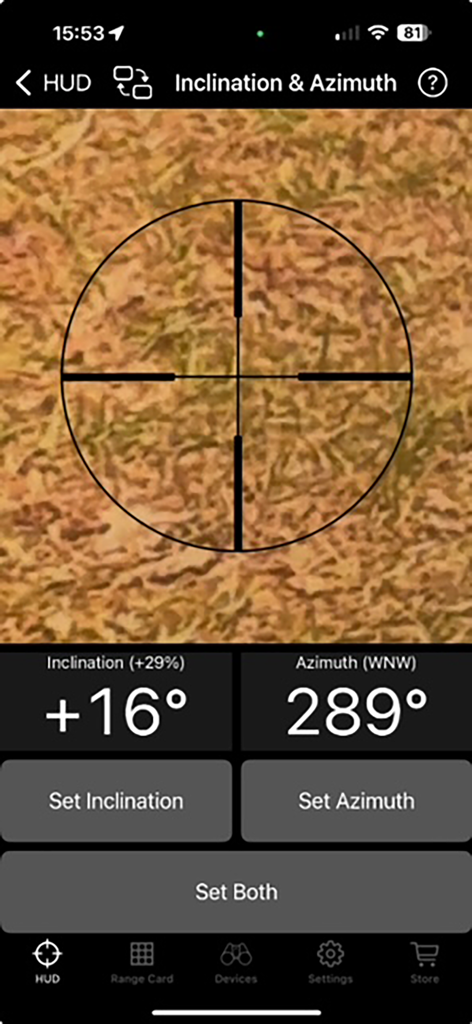 Eagle Ballistics App-Oberfläche, die Zuneigungs- und Azimutwinkel des Ziels mit einer Kamera-Fadenkreuz-Überlagerung anzeigt