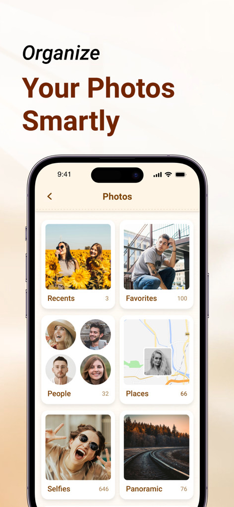 Space Cleaner: File Manager - Interfaz de la app de iPhone que muestra fotos organizadas en categorías inteligentes como Favoritos, Personas y Lugares