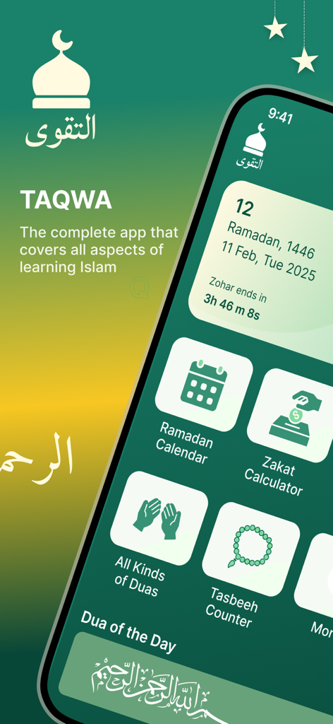Taqwa Track app interface showing Ramadan calendar prayer times and Islamic tools