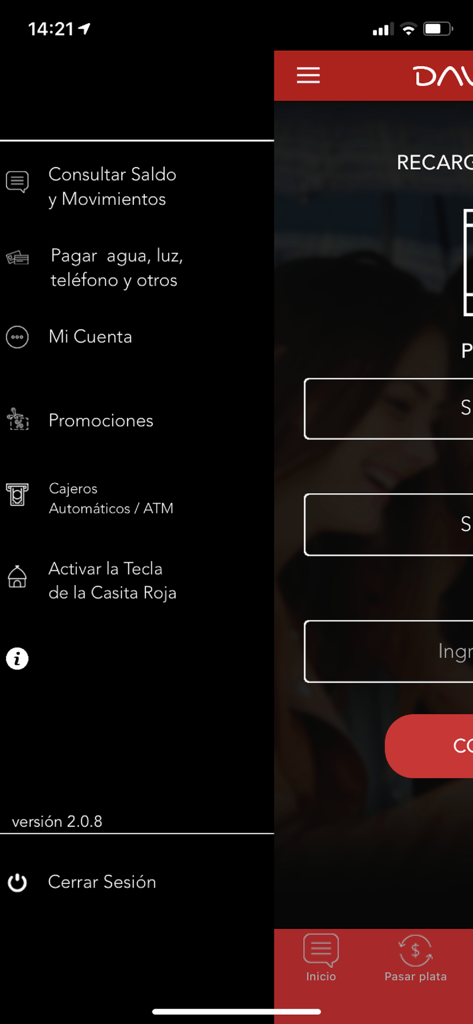 Daviplata El Salvador - Menú de navegación lateral de la aplicación Daviplata El Salvador que muestra opciones para el pago de facturas y la consulta de saldo