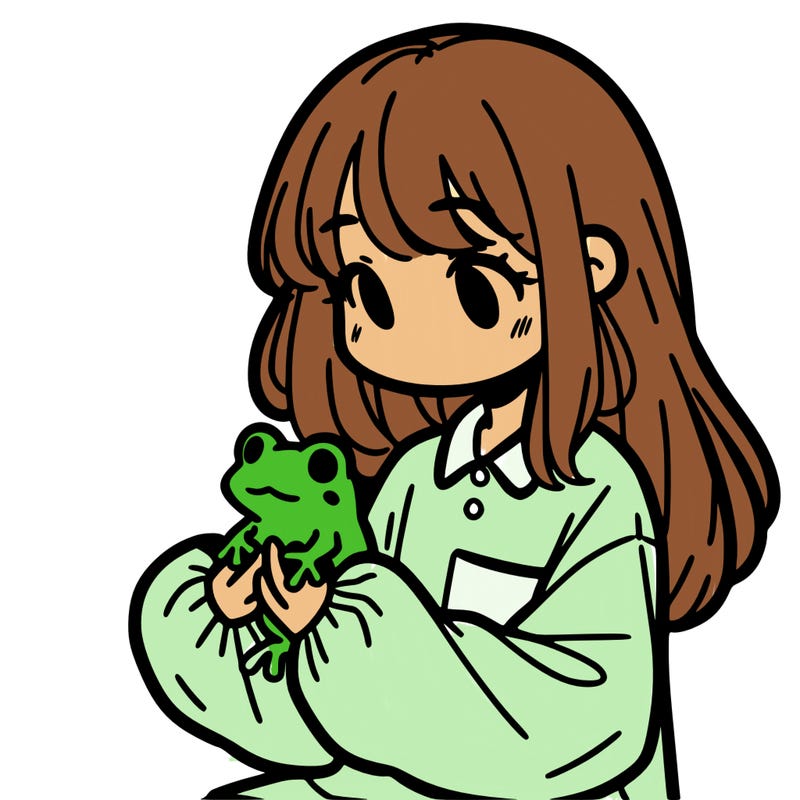 girl with long hair and a oversized shirt. and she is holding a frog