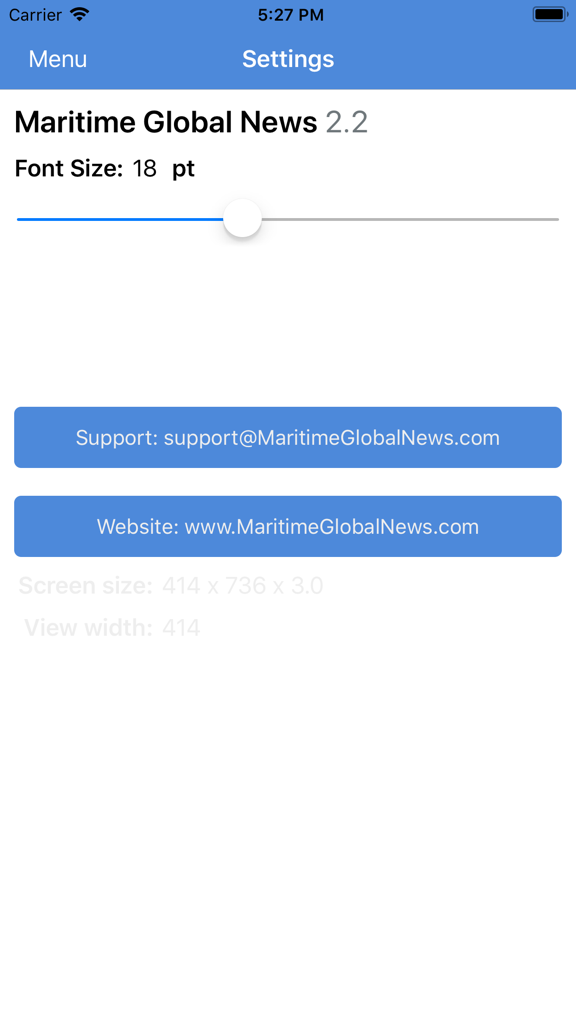 Maritime Global News - Maritime Global News app settings menu with font size adjustment slider and contact support buttons
