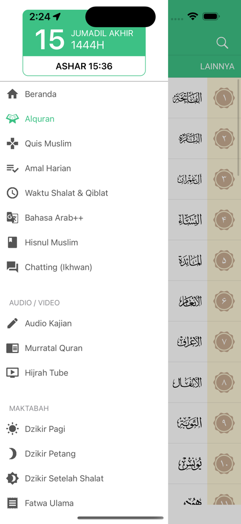 HijrahApp - Dakwah Sunnah - Interface of the HijrahApp showing the side navigation menu with Islamic features and a list of Quran surahs.
