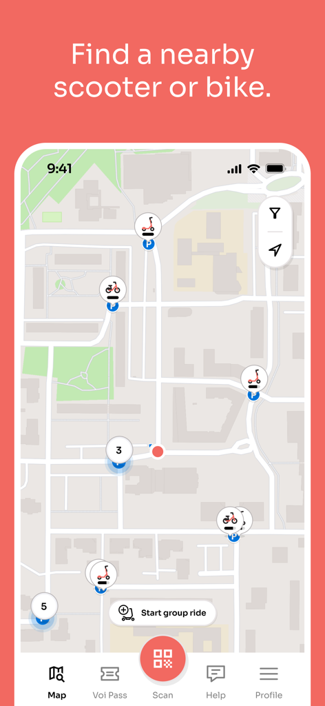 Voi app interface showing an urban map with icons for available e-scooters and e-bikes for rent.