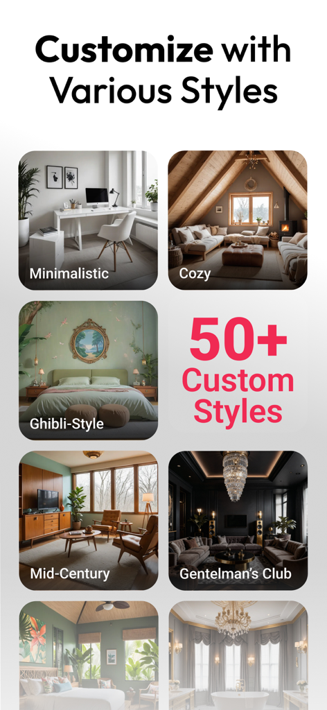 AI Interior Design - Interio - Uma grade exibindo vários estilos de design de interiores com IA, como minimalista, aconchegante e de meados do século.
