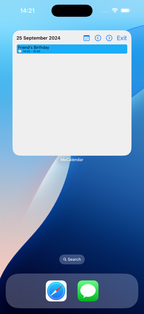 Widget de MoCalendar en la pantalla de inicio de un iPhone que muestra un evento de cumpleaños programado para un día específico