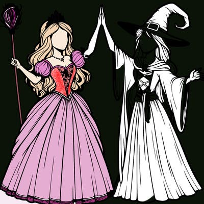 detailed realistic split of a princess and a witch