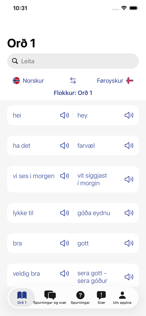 Nordic Languages - Comparação de frases em norueguês e feroês na aplicação Línguas Nórdicas com ícones de reprodução de áudio.