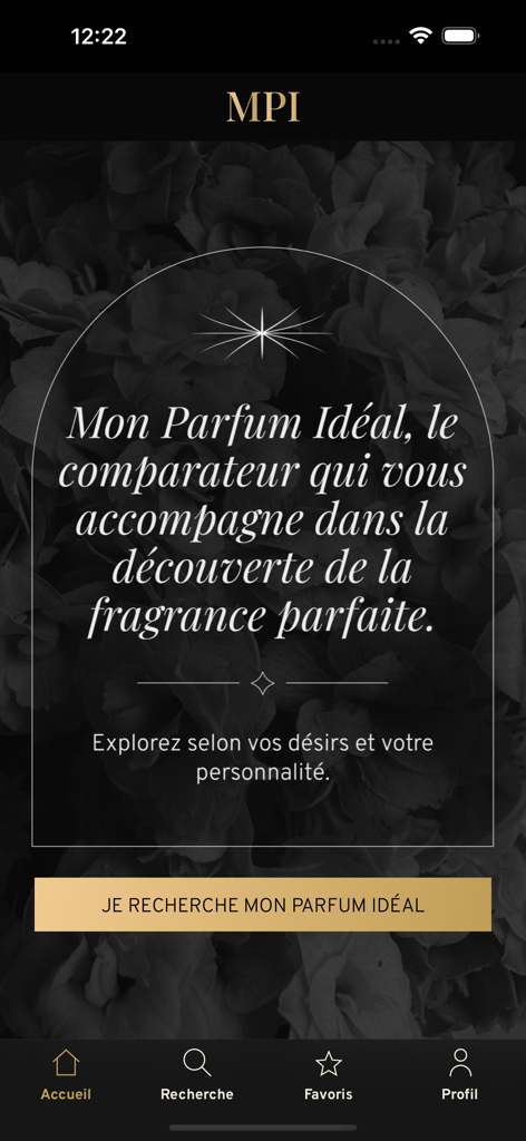Mon parfum idéal - Welcome screen for the Mon Parfum Ideal fragrance discovery and comparison mobile application.