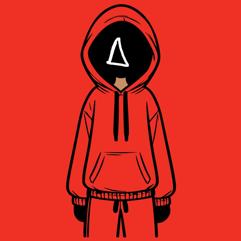 faceless girl in a tracksuit with a hood on and no hair