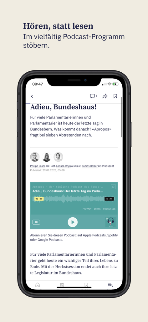A mobile phone showing a news article with an integrated podcast player from the Der Landbote app