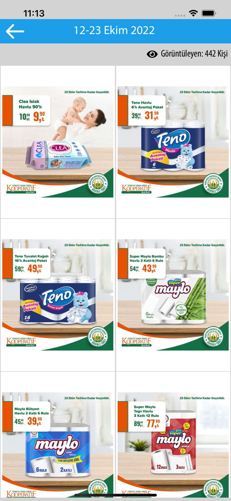 Aktüel Ürünler (Güncel) - Capture d'écran d'une application d'achat turque montrant des produits de papier ménagers à prix réduit