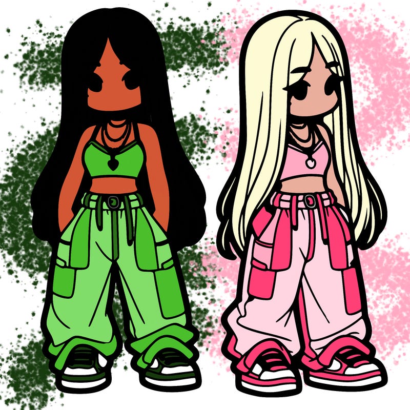 girl in baggy pants crop top and long hair