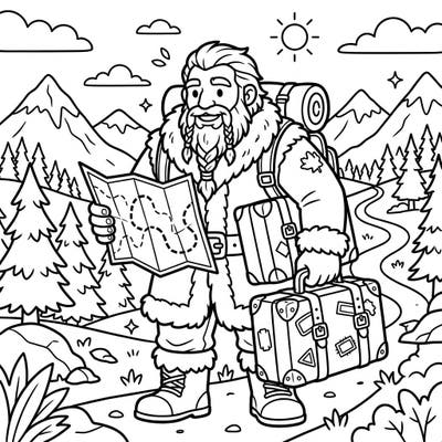 Get ready for a grand journey with this adorable Jotunn giant, exploring new lands with his map and trusty suitcases. This engaging coloring page is perfect for young adventurers (ages 4-8) ready to bring a travel tale to life.