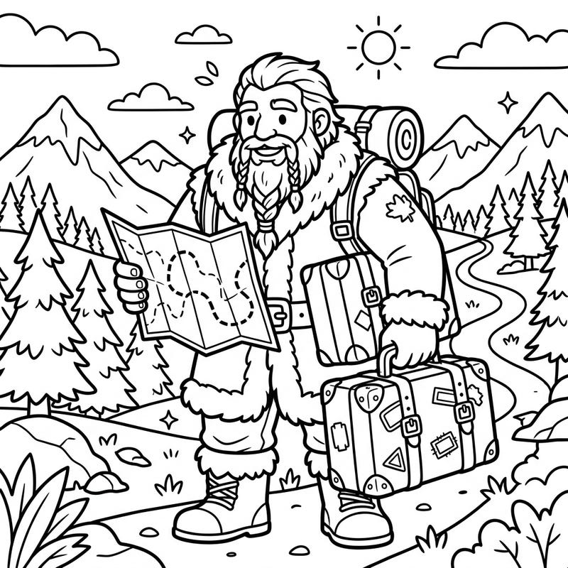 Get ready for a grand journey with this adorable Jotunn giant, exploring new lands with his map and trusty suitcases. This engaging coloring page is perfect for young adventurers (ages 4-8) ready to bring a travel tale to life.