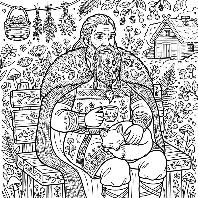 Unwind with our charming coloring page featuring a peaceful Viking Jarl embracing the cozy Cottagecore aesthetic. This unique design combines ancient strength with rustic serenity, perfect for a relaxing creative session.