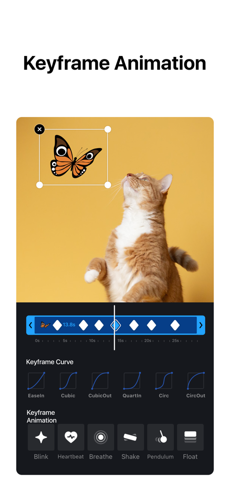 Interface do VN Editor de Vídeo com IA mostrando controles de animação de keyframe e uma prévia de um gato e uma borboleta.