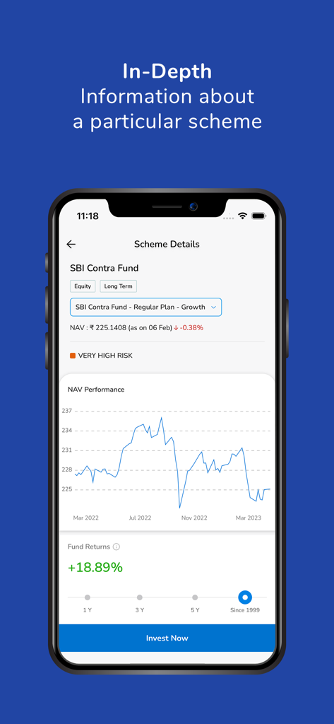 SBI Mutual Fund - InvesTap - Screenshot of the SBI Mutual Fund InvesTap app displaying detailed performance analytics and fund returns for the SBI Contra Fund.