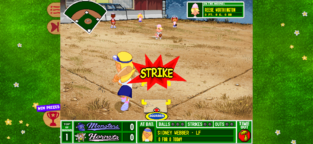 Backyard Baseball '97 - A gameplay screenshot of Backyard Baseball 97 showing Sidney Webber at bat with a large strike graphic on screen.