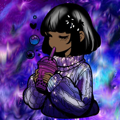 manga girl drinking boba in cozy sweater