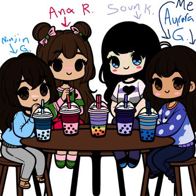 four cute teenage girls sitting at a table drinking boba tea