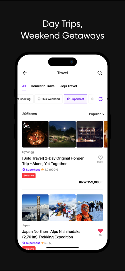Frip - Experience Korea - Frip app screen displaying local travel options and weekend getaways in Korea.