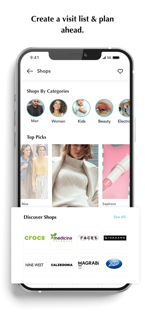 ドバイ・ヒルズ・モールアプリの画面。ショップカテゴリとトップブランドのピックが表示されます。