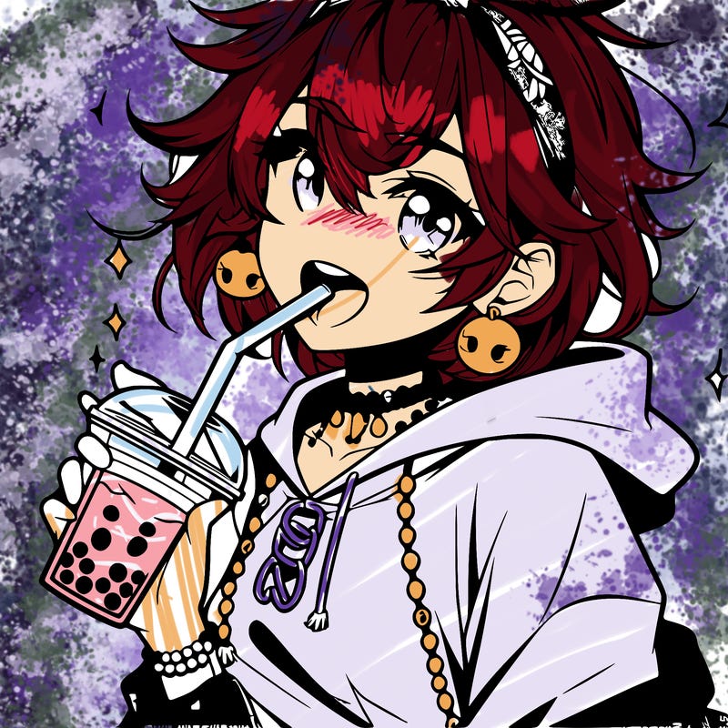 hot baddie anime girl drinking boba and biting the straw