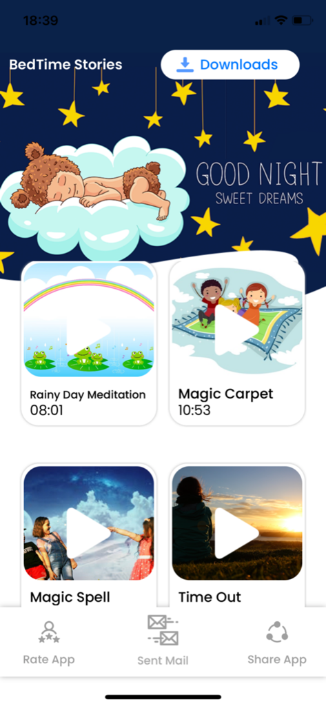 Bedtime Stories: iBaby Care - Tela principal do aplicativo Histórias de Dormir apresentando opções de meditação infantil e histórias para dormir, como Tapete Mágico e Meditação da Chuva