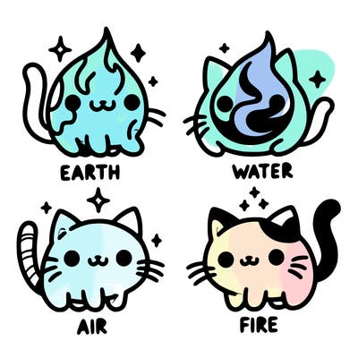 4 cats that represent the different elements, earth, water, air, and fire