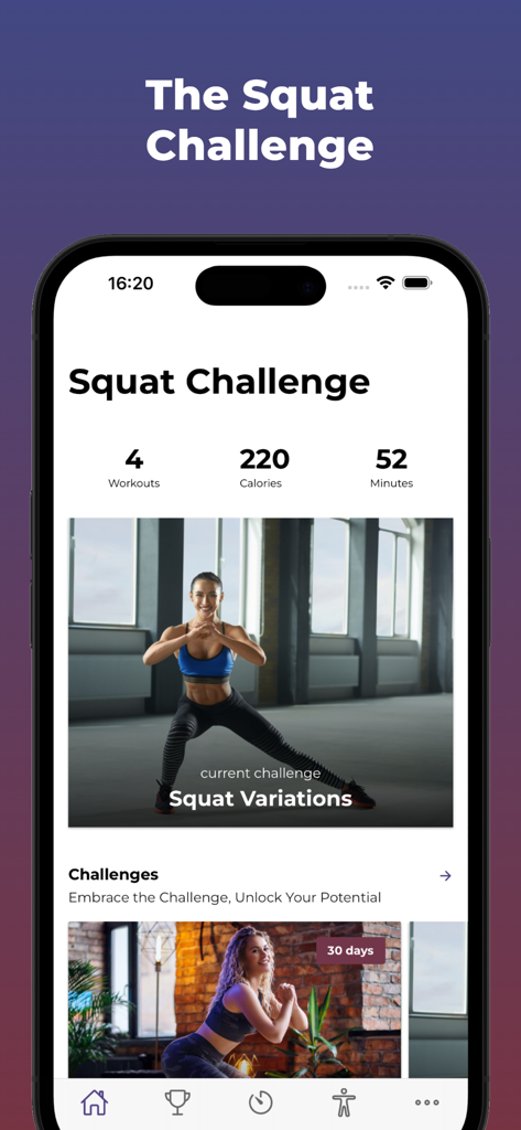 The 30 Day Squat Challenge - Home screen of the 30 Day Squat Challenge app showing workout stats and exercise variations