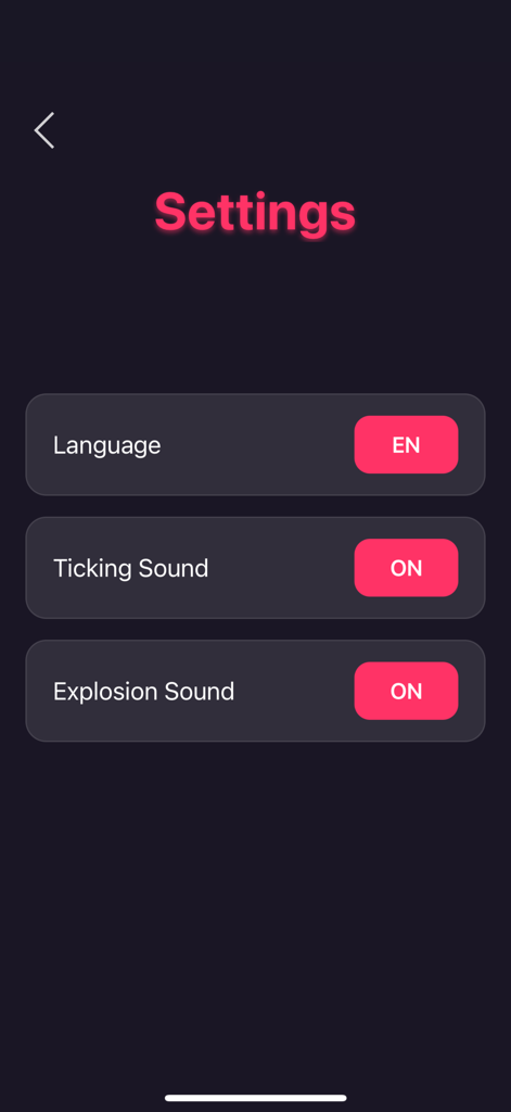 El menú de configuración del juego de fiesta Bomb, que muestra opciones personalizables para idioma, sonido de tictac y sonido de explosión.
