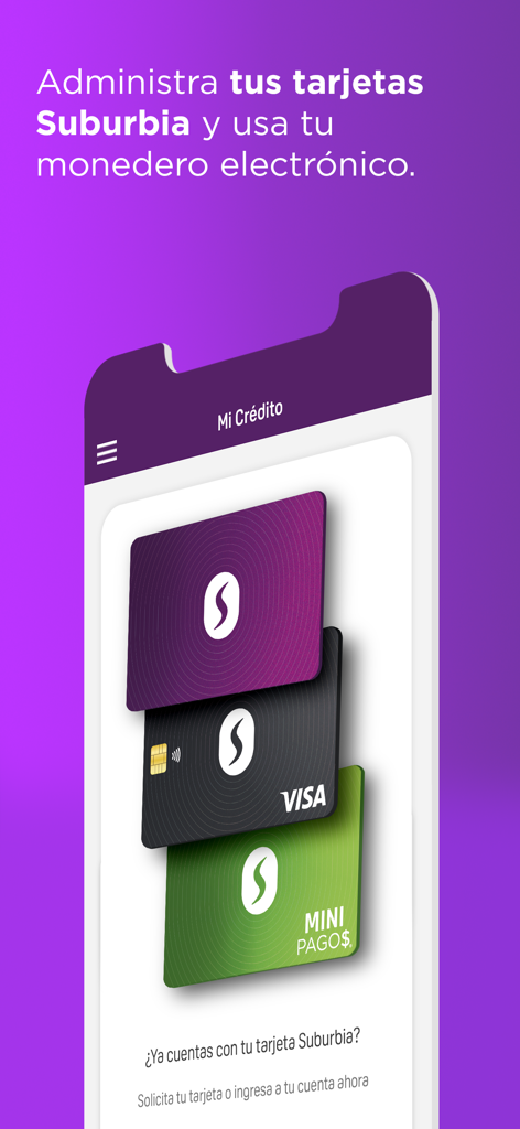 Suburbia app screen for managing credit cards and digital wallet