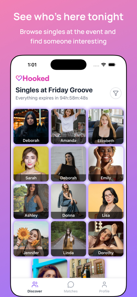 The Hooked App - Mobile screen of The Hooked App showing a grid of profile pictures for people attending a local event.