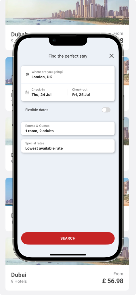 Radisson Hotels Stays - Écran de recherche de l'application Radisson Hotels pour réserver un séjour international à Londres
