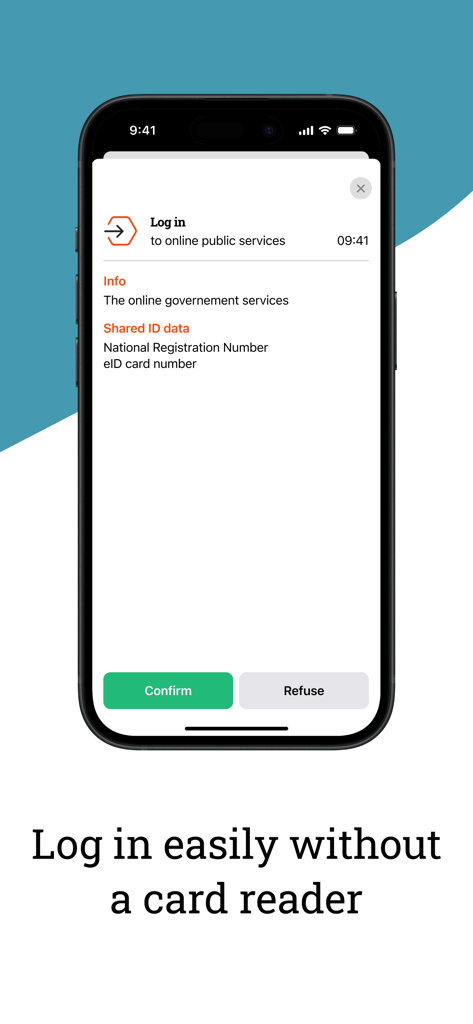 itsme - Smartphone displaying itsme app login request for online public services with confirm and refuse buttons.