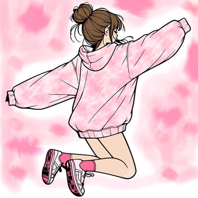 realistic girl jumping with a bun and oversized sweatshirt