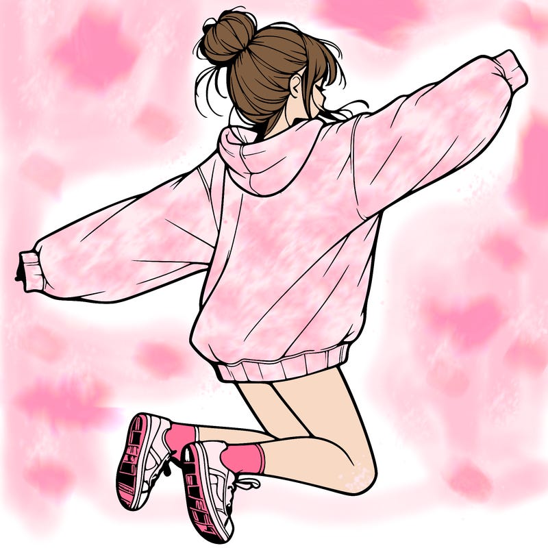 realistic girl jumping with a bun and oversized sweatshirt
