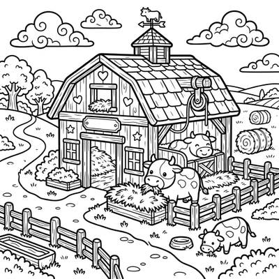 Dive into the charm of farm life with this delightful Kawaii Cattle Barn coloring page, featuring irresistibly cute cows. Its bold lines and endearing details make it perfect for a relaxing and joyful coloring session.