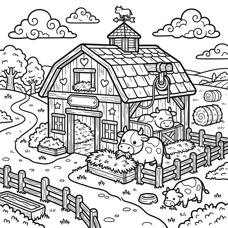 Dive into the charm of farm life with this delightful Kawaii Cattle Barn coloring page, featuring irresistibly cute cows. Its bold lines and endearing details make it perfect for a relaxing and joyful coloring session.