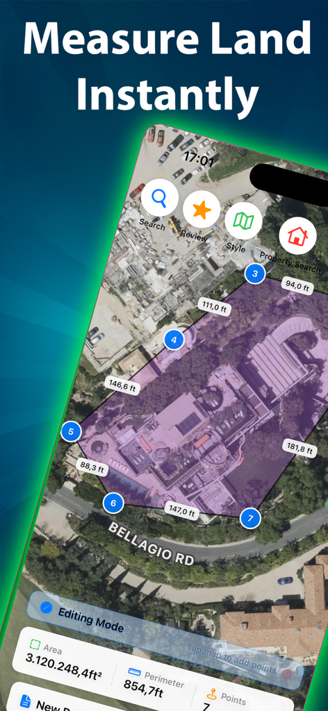 Property Survey GPS - Property Survey GPS app interface showing real-time land measurement on a satellite map with area and perimeter data