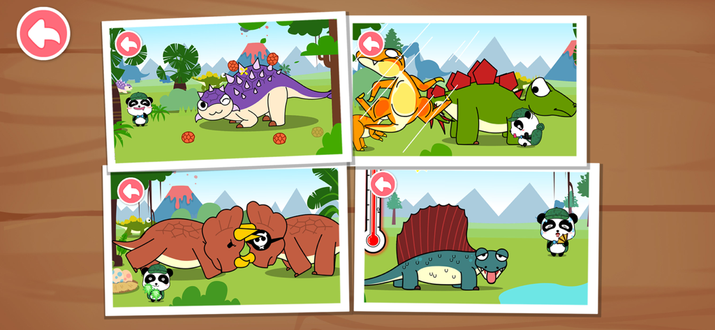 Dinosaur World - Dinosaurs - A collage of four cartoon screenshots showing various dinosaurs and a panda character from the Dinosaur World mobile game.